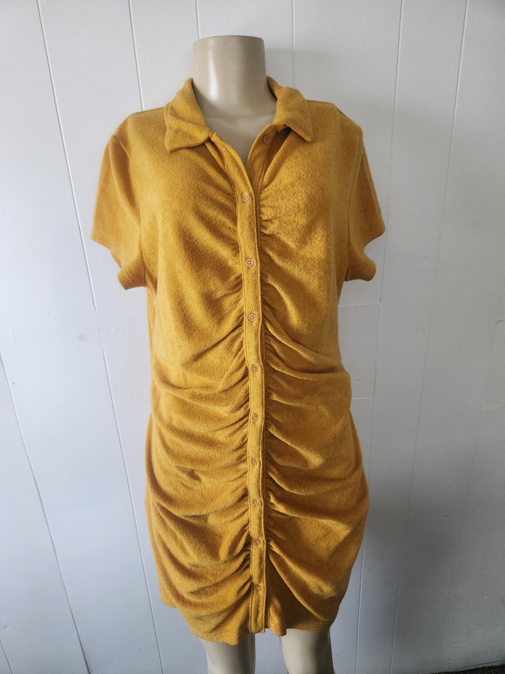 Mustard Yellow Ruched Button-Front Women's Dress